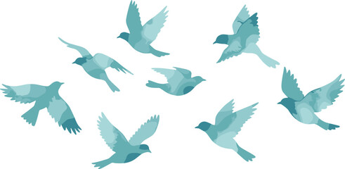 Abstract birds in flight, blue green gradient wings, stylized illustration, dynamic motion, artistic nature concept, modern wildlife design
