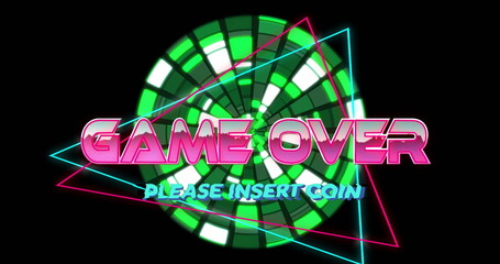 Displaying arcade on black backdrop with neon GAME OVER, cyan PLEASE INSERT COIN and radial pattern