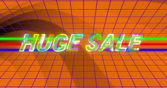 Floating glitch-style neon text reading HUGE SALE drifting in orange grid, with RGB scan lines - Powered by Adobe