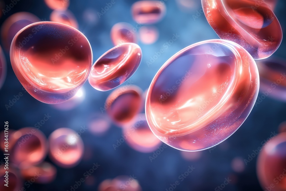 Poster the image features a close-up view of red blood cells, showcasing their unique shapes and translucen