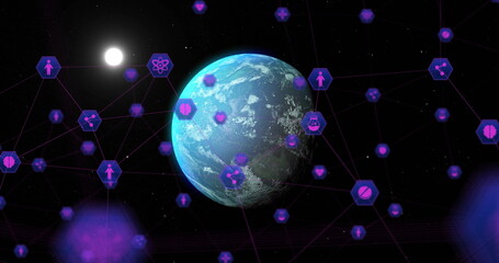 Floating Earth globe glowing in outer space, with purple hexagon healthcare icons and thin lines © vectorfusionart