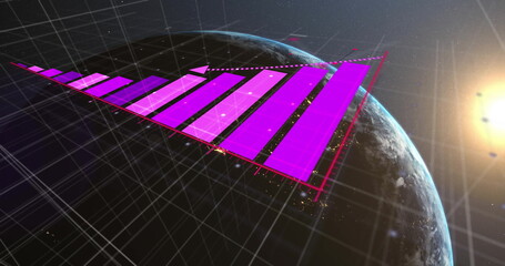 Trending purple 3D bar chart arrow rising over Earth orbit, white gridlines, sun glow, city lights © vectorfusionart