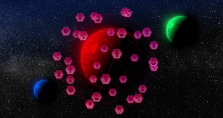 Floating large red planet displaying pink hexagons with icons in starfield, with green blue planets © vectorfusionart