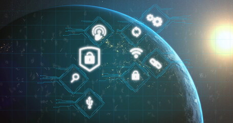 Half-Earth globe glowing under sunrise in space, with grid overlay, security, connectivity icons © vectorfusionart
