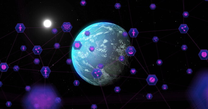 Naklejki Floating Earth globe glowing in outer space, with purple hexagon healthcare icons and thin lines