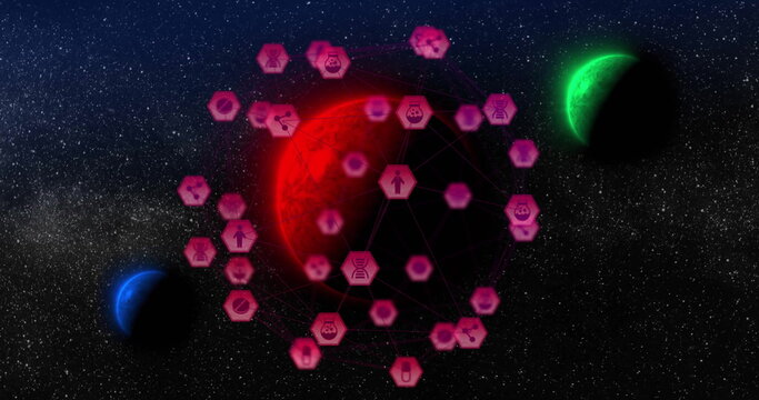 Naklejki Floating large red planet displaying pink hexagons with icons in starfield, with green blue planets