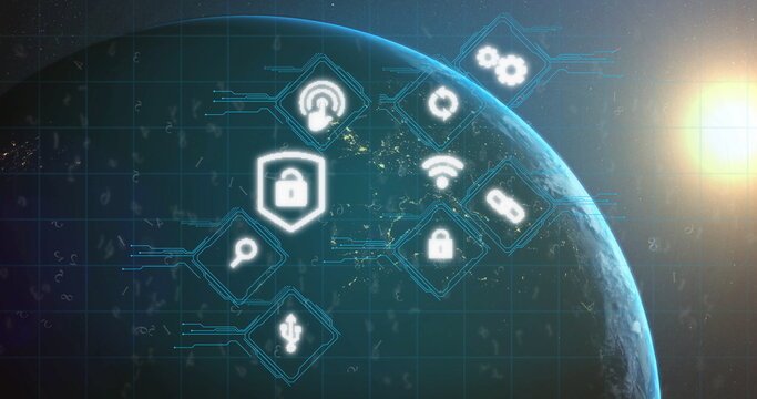 Naklejki Half-Earth globe glowing under sunrise in space, with grid overlay, security, connectivity icons