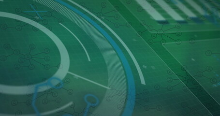 Displaying abstract network graphic in virtual digital interface, with grid pattern and node icons