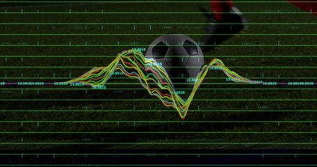 Showing soccer ball resting on grass field, featuring leg wearing red shorts and data overlay