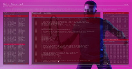 Showing man in red sweater presenting code in tech lab with code editor panel, encryption panel