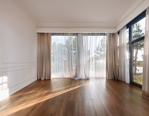 Obraz premium spacious room featuring elegant white curtains and polished parquet flooring allowing natural light to fill the area