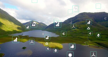 Reflecting glacial lake shining under sunlight in highland valley, with floating digital icons