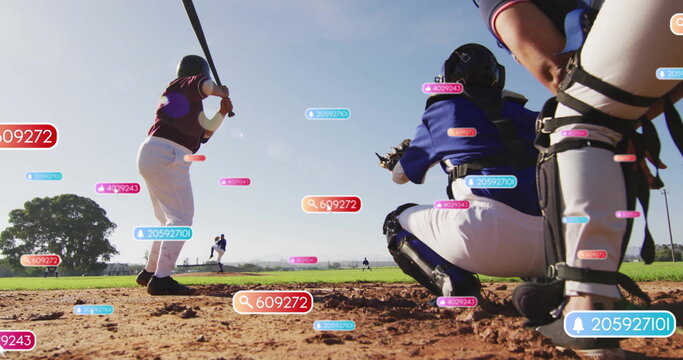 Swinging batter holding wooden bat at home plate in ballpark with numeric data overlays, copy space