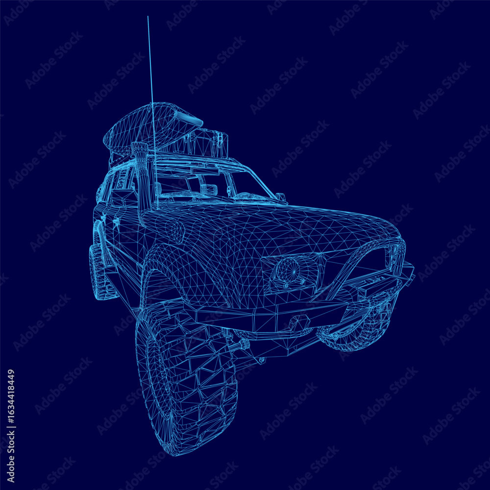 Poster a 3d wireframe model of a explorer car with detailed structure and realistic rendering on a solid bl
