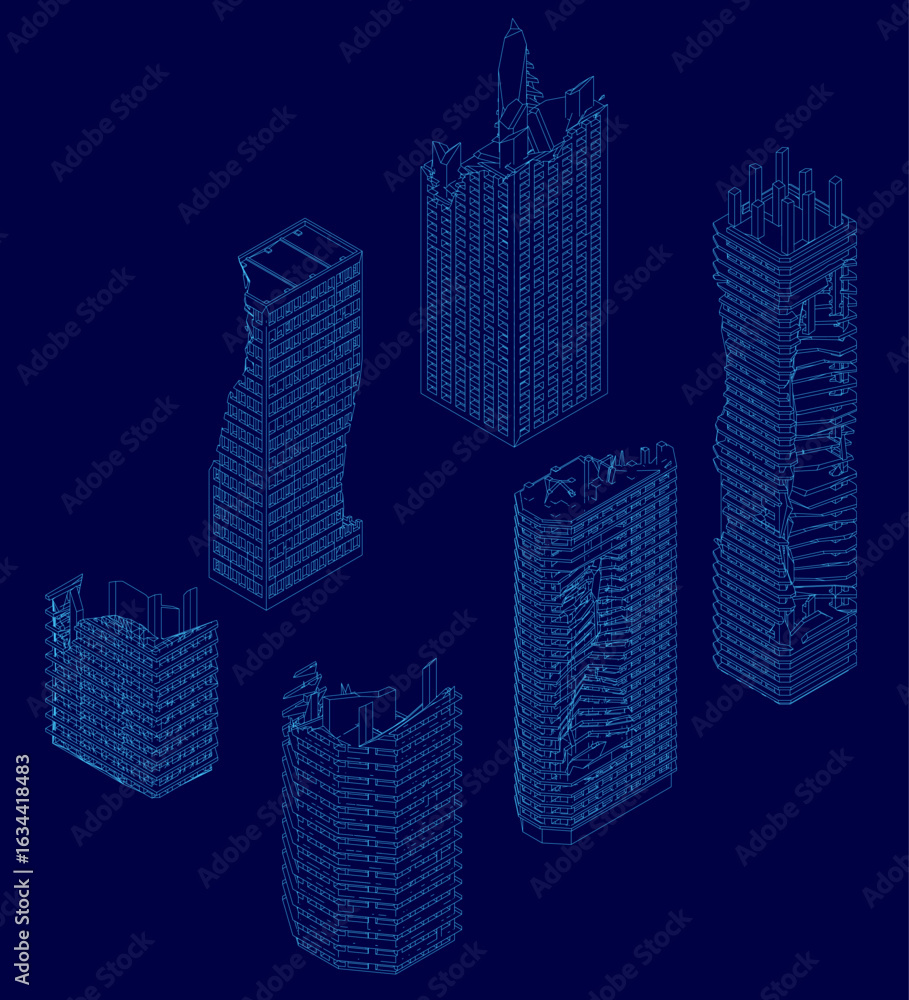 Poster six ruined skyscrapers with unique wireframe designs stand symmetrically against a solid blue backgr