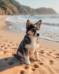 Cute Puppy Sitting on the Beach