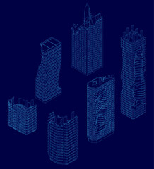 Fototapeta premium Six ruined skyscrapers with unique wireframe designs stand symmetrically against a solid blue background. Each building features distinct shapes and sizes, creating visual contrast.