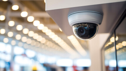 A close-up photograph of a white dome security camera mounted on a ceiling mount in a retail environment.