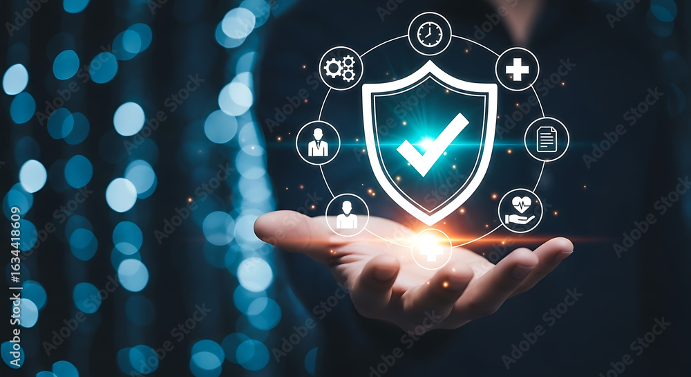 Aufkleber digital security shield with icons representing data protection, network security, and user access, 