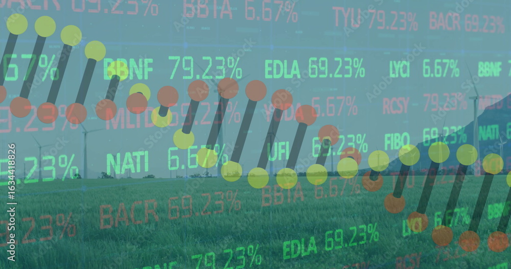 Poster displaying stock chart overlay highlighting data points and bars over farmland with turbines, silo
