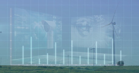 White wind turbines spinning on grass plain, with bar graph, grid overlay and interface screens