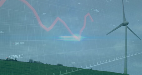 Wind turbine standing on hillside with digital grid, axis ticks, data, red line chart, copy space