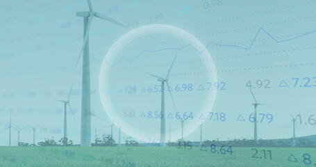 Highlighting central wind turbine under zoom overlay on rural grass plain with data and line chart