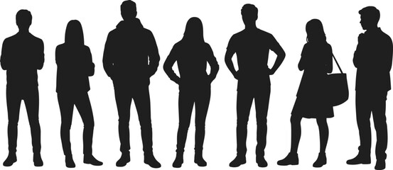 Silhouettes of seven people, standing poses, body language study, character design, black and white art, casual stances, fashion reference