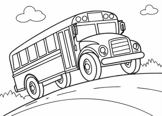 School bus outline drawing, front angle, chunky wheels, bold lines only, coloring sheet for toddlers, empty background, no complex elements