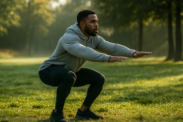 Young man performing squats in a serene outdoor setting