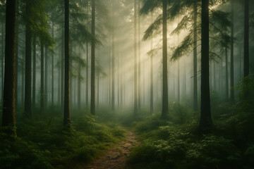 Fototapeta premium Serene forest path illuminated by soft, diffused sunlight beams