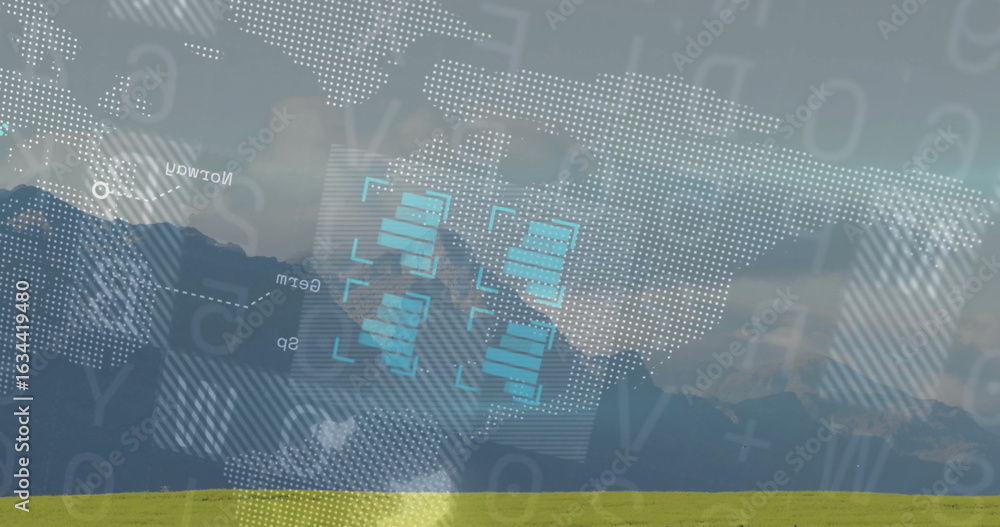 Poster displaying dotted world map overlay over meadow and mountains, with floating alphanumeric panels