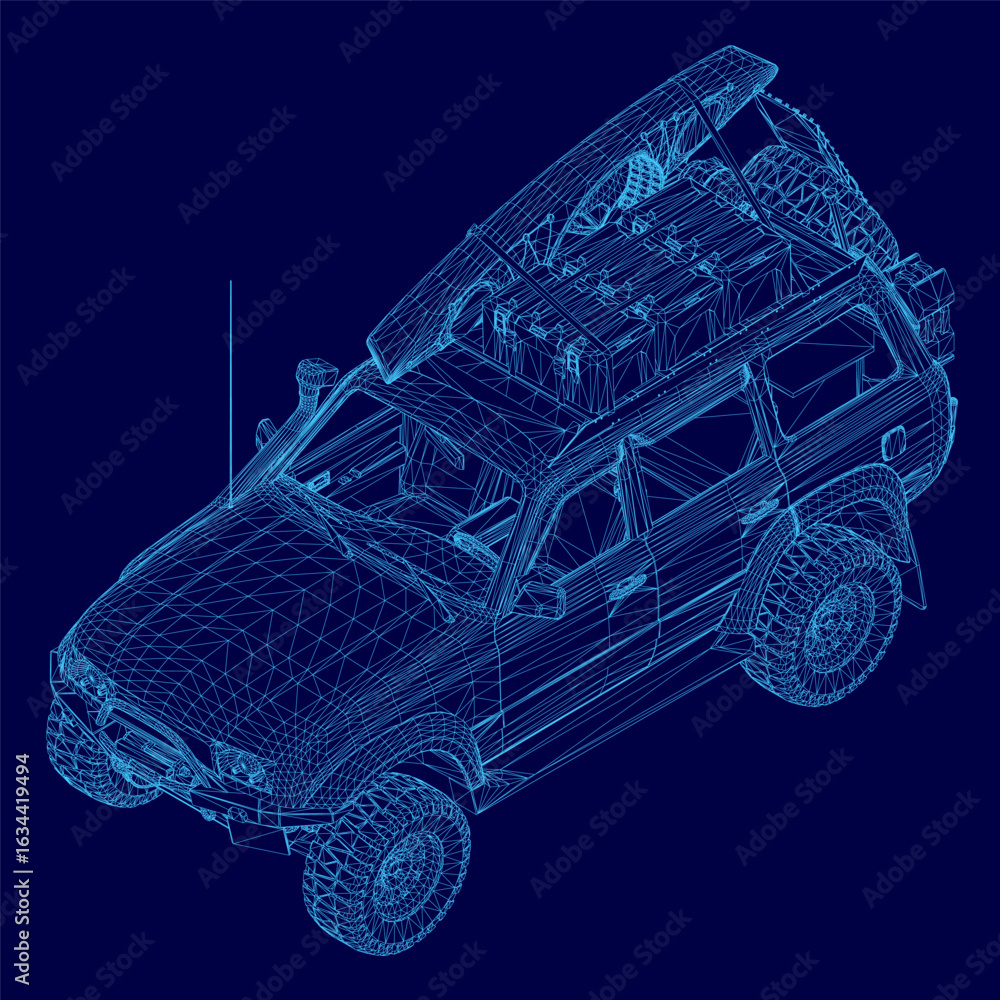 Aufkleber a 3d wireframe model of an explorer car displays intricate blueprint details on a solid blue backgro