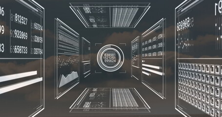 Rotating circular data node displaying numeric values in cloud space, with floating data panels
