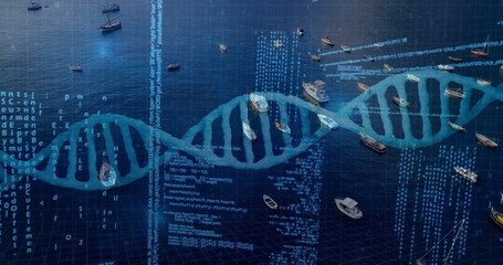 Displaying DNA double helix graphic stretching across harbor water, anchored boats and code streams