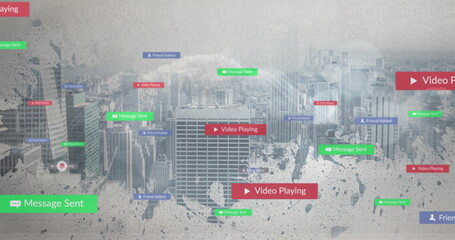 Floating icons overlaying city skyline, showing chat bubbles, play-button icons and person icons