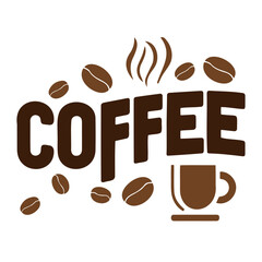 Coffee themed design with the word coffee beans steam and a coffee cup arranged artistically together