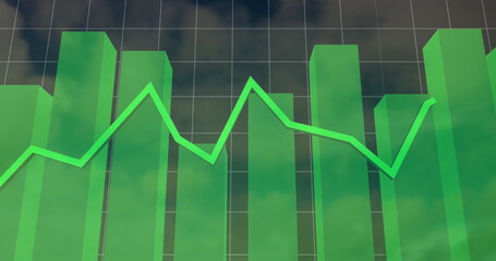 Displaying translucent green 3D bar prisms rising on dark grid, with bright green line overlay