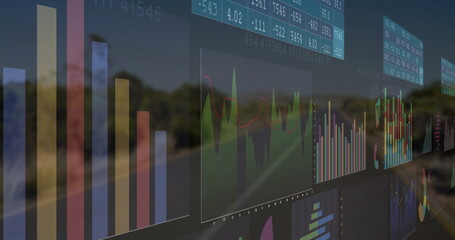 Floating dashboard over rural highway showing bar charts, line graphs, pie charts, numeric tables