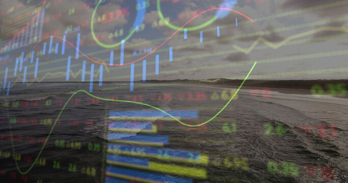 Fototapeta Overlaying translucent financial charts spanning sandy beach shoreline, with waves and hills