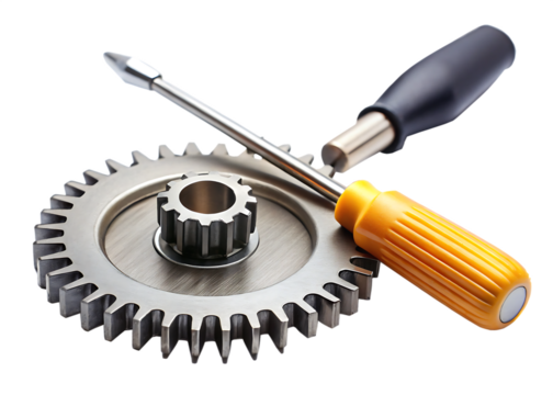 Close up of metal gear and screwdrivers against a dark background