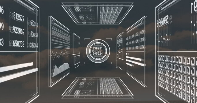 Rotating circular data node displaying numeric values in cloud space, with floating data panels