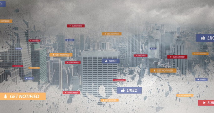 Floating notifications over city, with SUBSCRIBED, GET NOTIFIED and LIKED overlays over splatter - Powered by Adobe