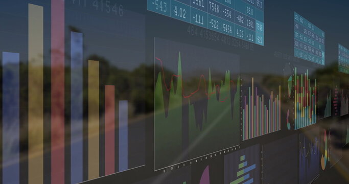 Floating dashboard over rural highway showing bar charts, line graphs, pie charts, numeric tables