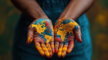 Black Woman's Palm with Colorful World Map Symbolizing Global Unity and Diversity, Real Shot
