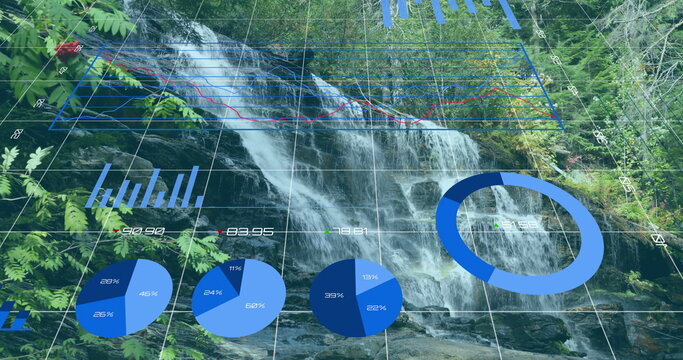 Fototapeta Flowing waterfall cascading down rocky cliff in forest, with 3D grid analytics overlay