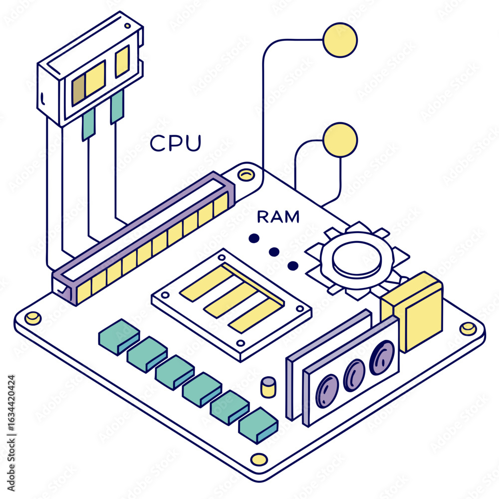 Poster isometric illustration of a computer motherboard with cpu and ram