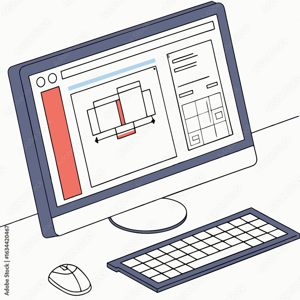 Poster isometric illustration of a computer with design software interface