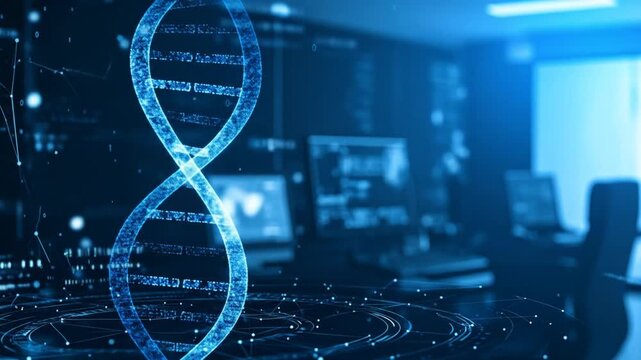 3D DNA strand animation in a modern laboratory with scientific data display, biotechnology and - Powered by Adobe