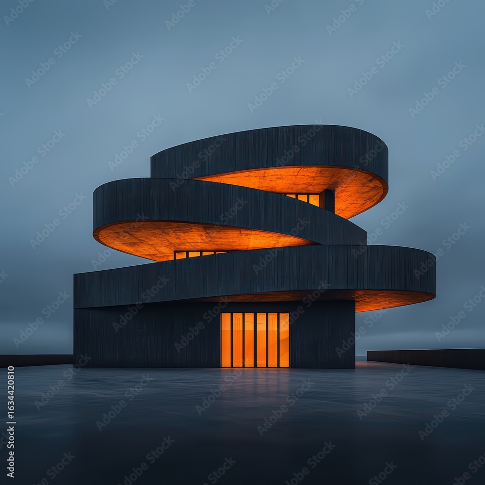 Poster modern architectural design with spiraling structure at dusk